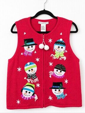 Carly St. Claire Snowman Christmas Sweater Vest XL Red Zip Up Pom Pom Cute
